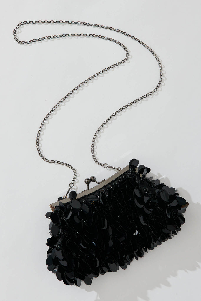 August + Delilah Leah Clutch Bag In Black Sequin - flatlay