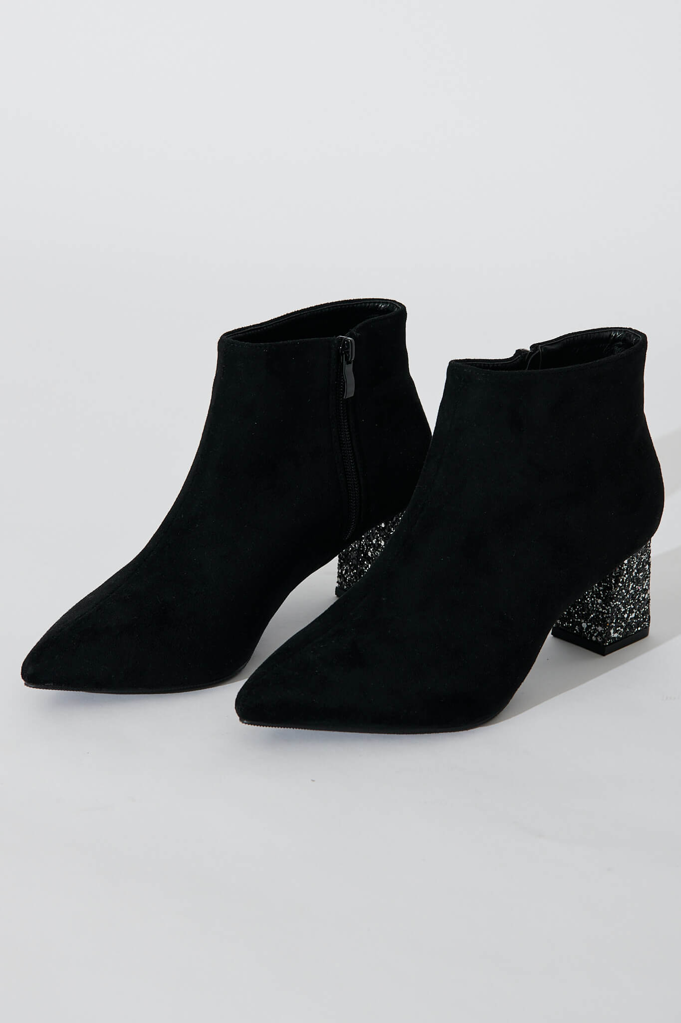 Robyn Ankle Boots In Black Suedette With Pewter Glitter Heel - front