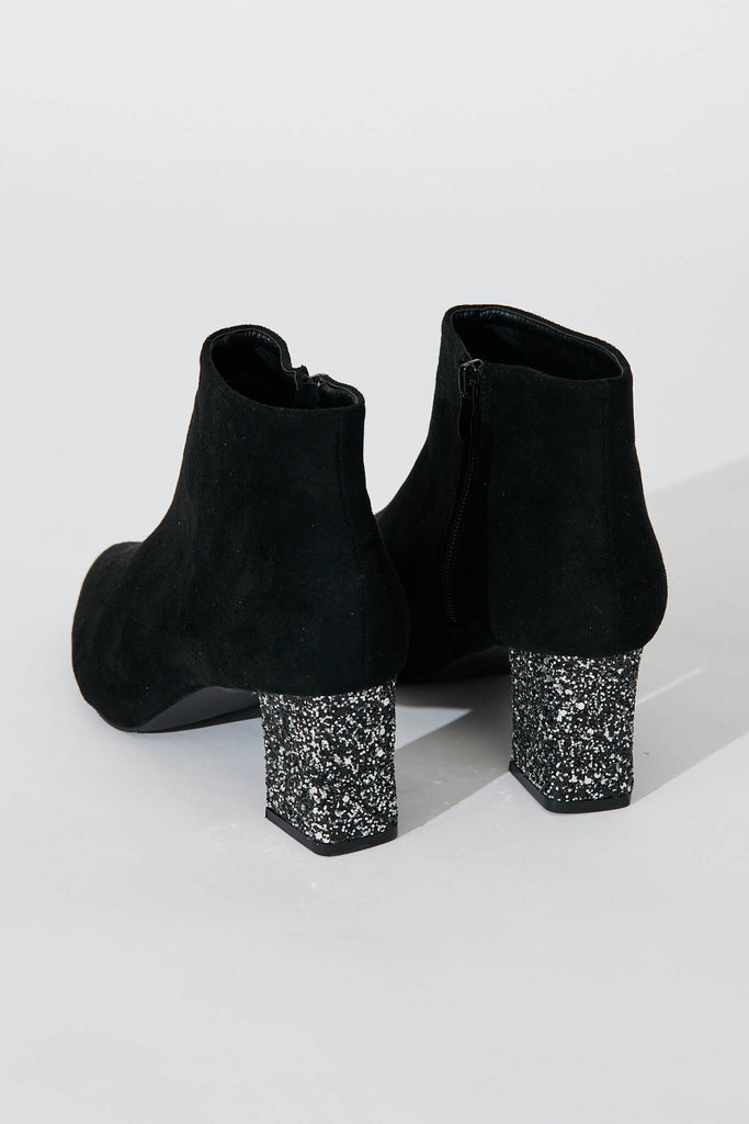 Robyn Ankle Boots In Black Suedette With Pewter Glitter Heel - back