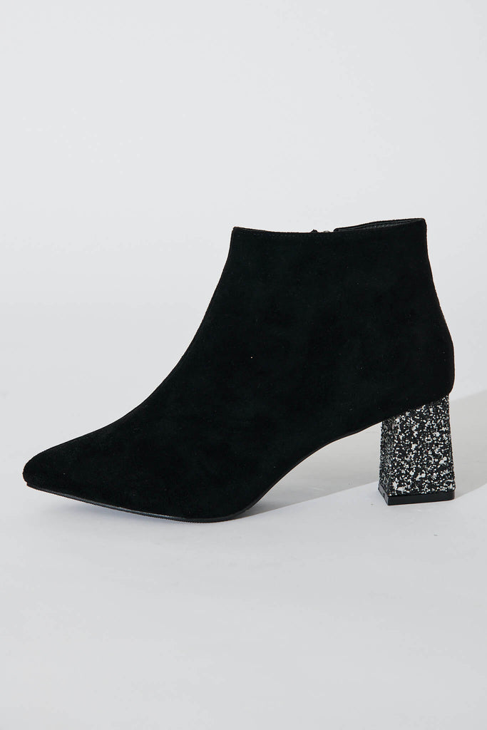Robyn Ankle Boots In Black Suedette With Pewter Glitter Heel - side