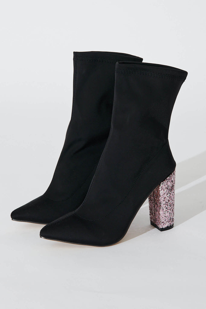 Spears Stretch Calf Boots In Black With Pink Glitter Heel - side