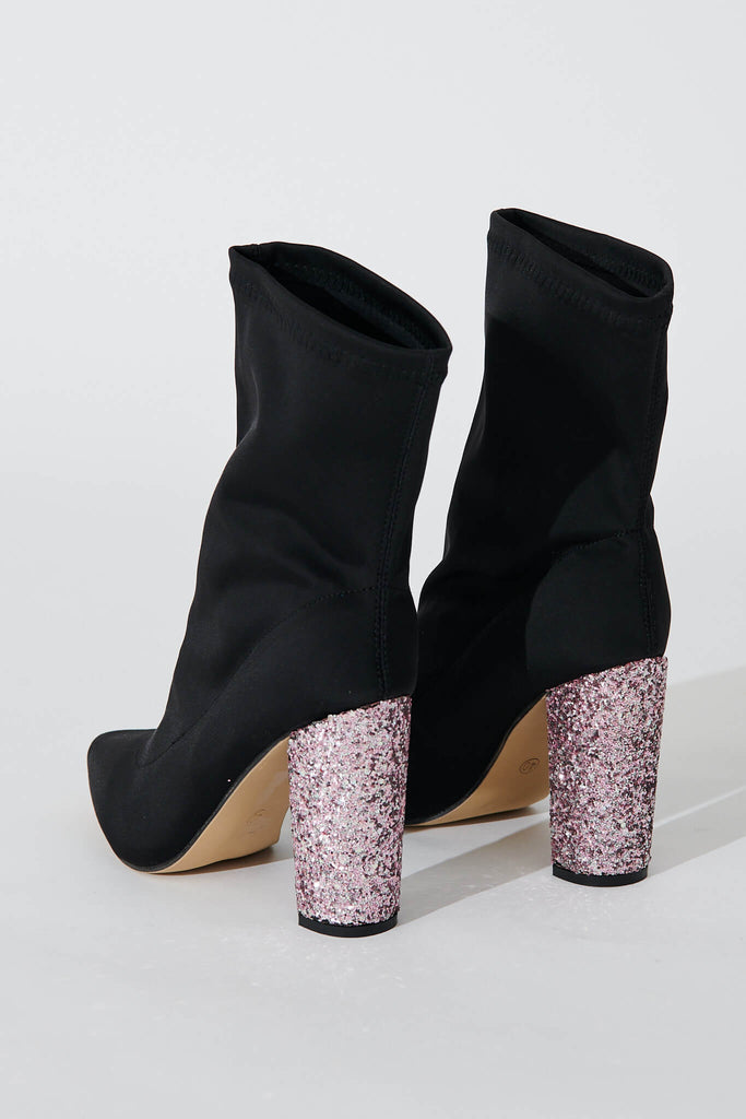 Spears Stretch Calf Boots In Black With Pink Glitter Heel - back