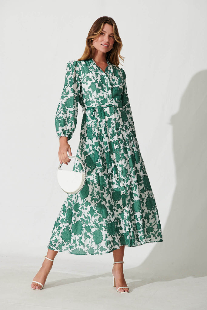 Lorie Maxi Shirt Dress In Emerald With White Floral Cotton Blend - full length