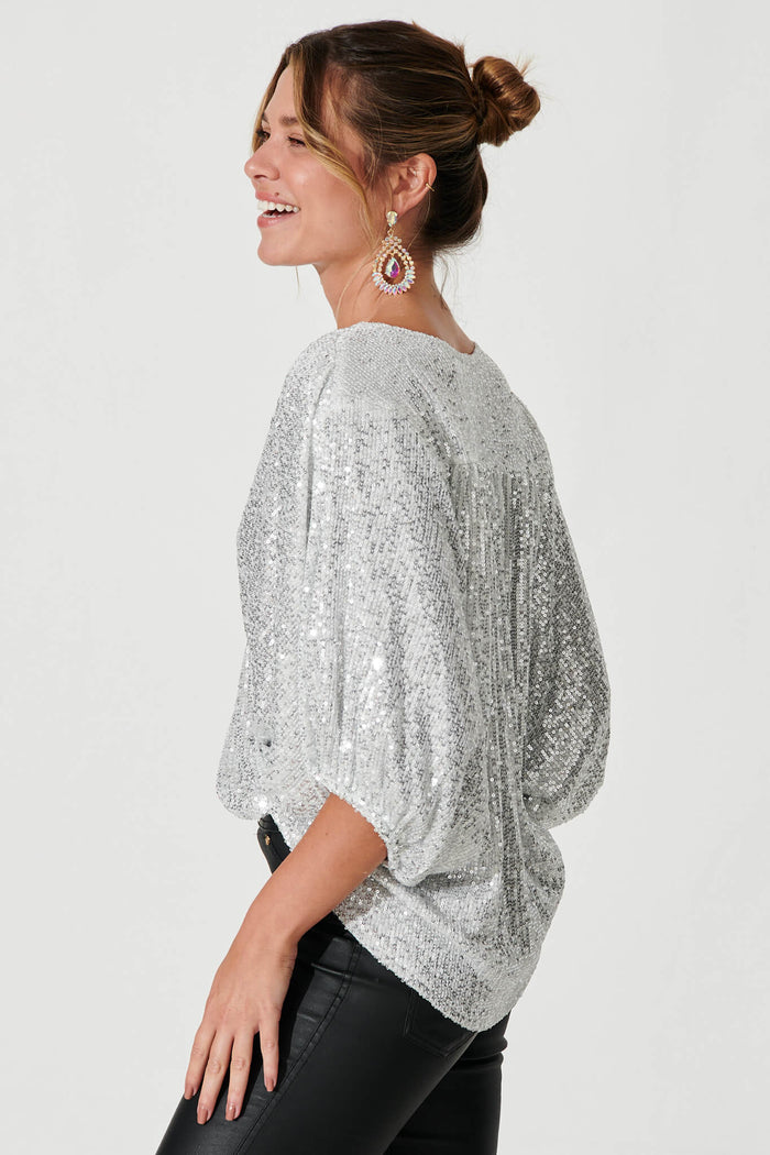 Celebration Sequin Mock Wrap Top In Silver - side