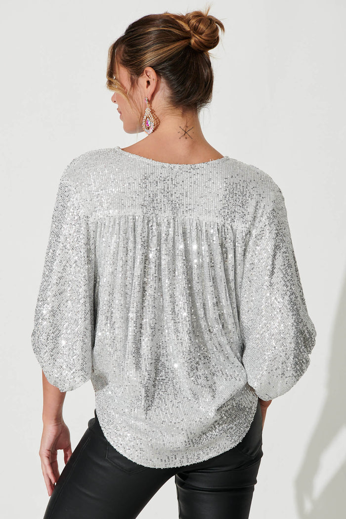 Celebration Sequin Mock Wrap Top In Silver - back