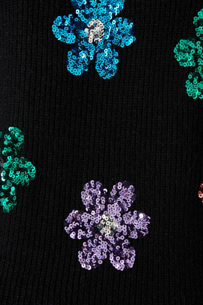 Novanta Knit In Black With Sequin Flower Wool Blend - fabric