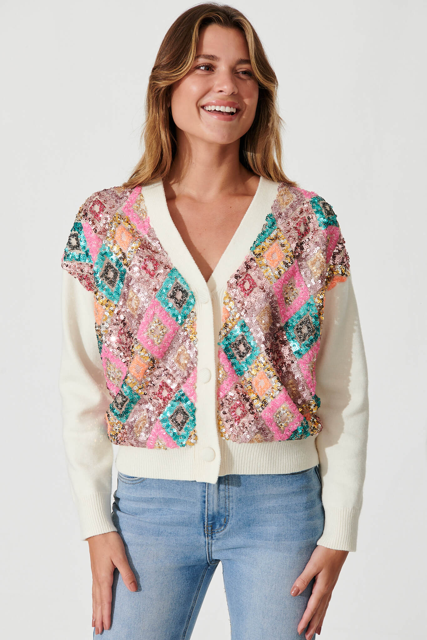 Pluto Knit Cardigan In Cream Multi Sequin Wool Blend - front