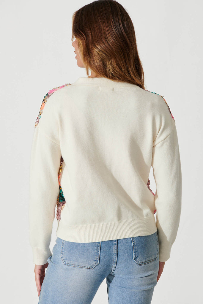 Pluto Knit Cardigan In Cream Multi Sequin Wool Blend - back