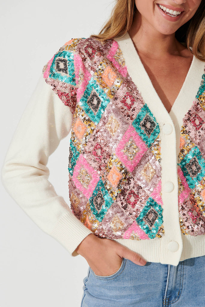 Pluto Knit Cardigan In Cream Multi Sequin Wool Blend - detail
