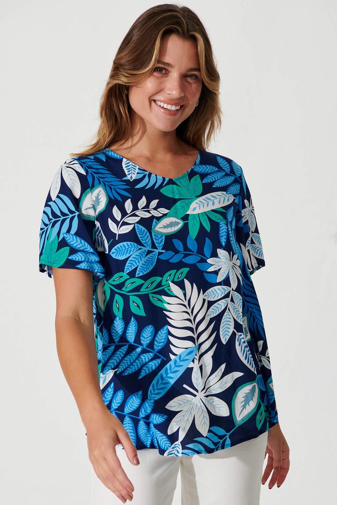 Phillipa Top In Navy With Blue Leaf Print - front