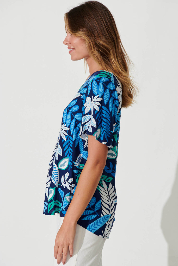 Phillipa Top In Navy With Blue Leaf Print - side