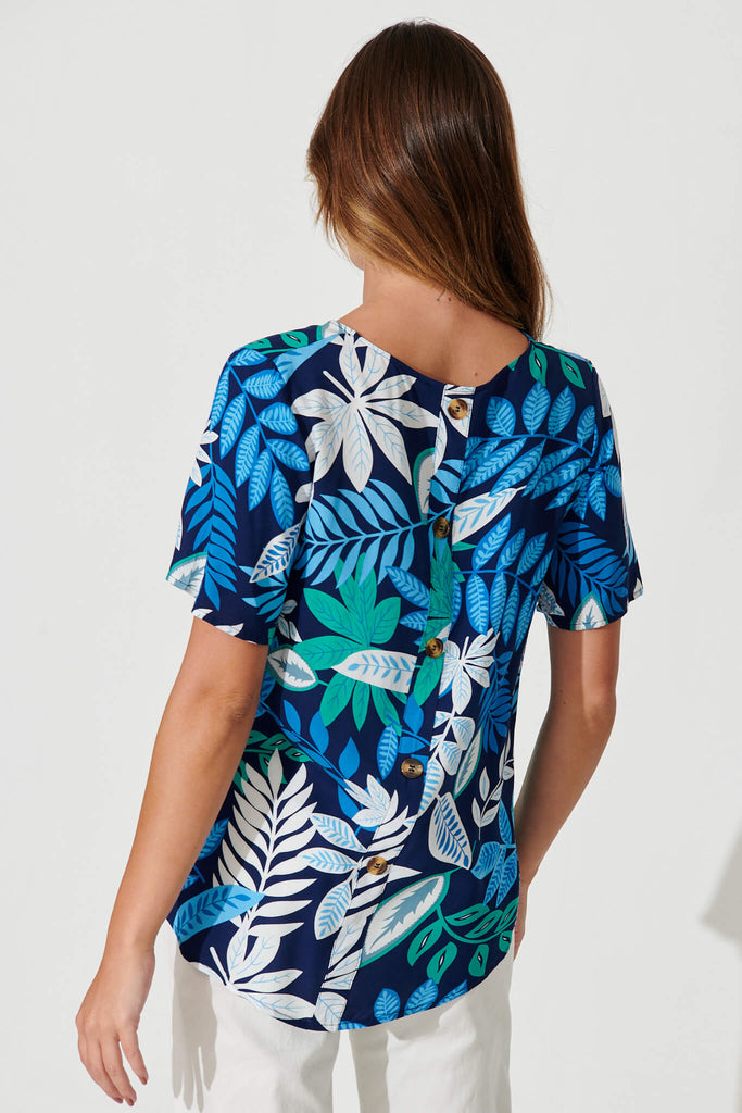 Phillipa Top In Navy With Blue Leaf Print - back