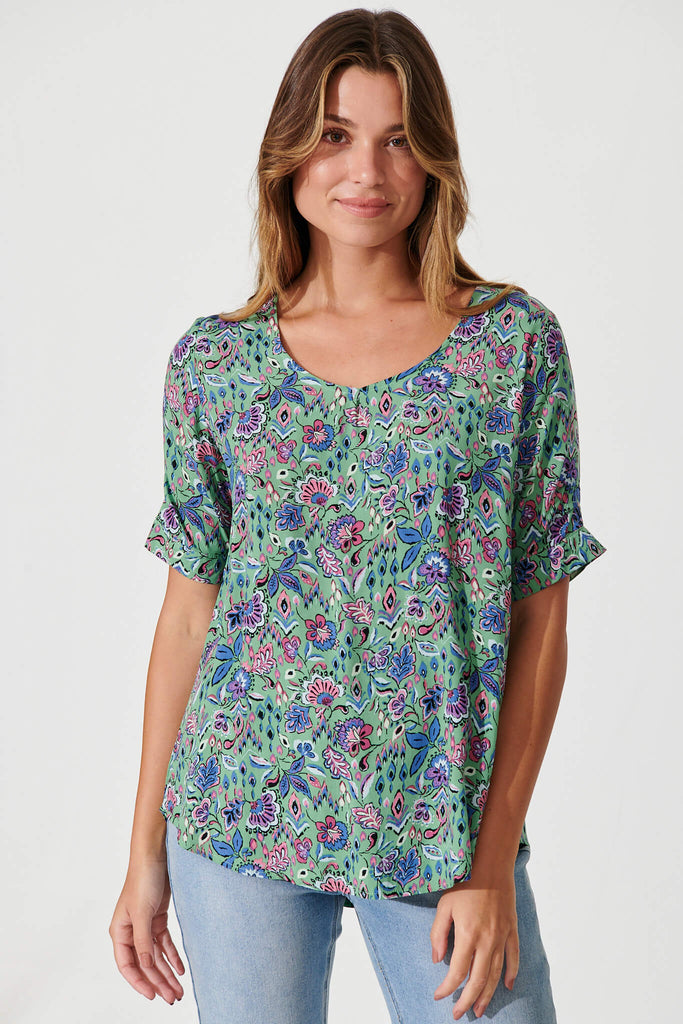 Peggy Top In Sage With Multi Floral - front