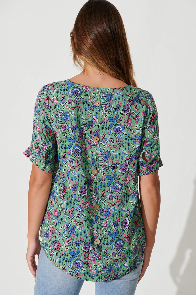 Peggy Top In Sage With Multi Floral - back