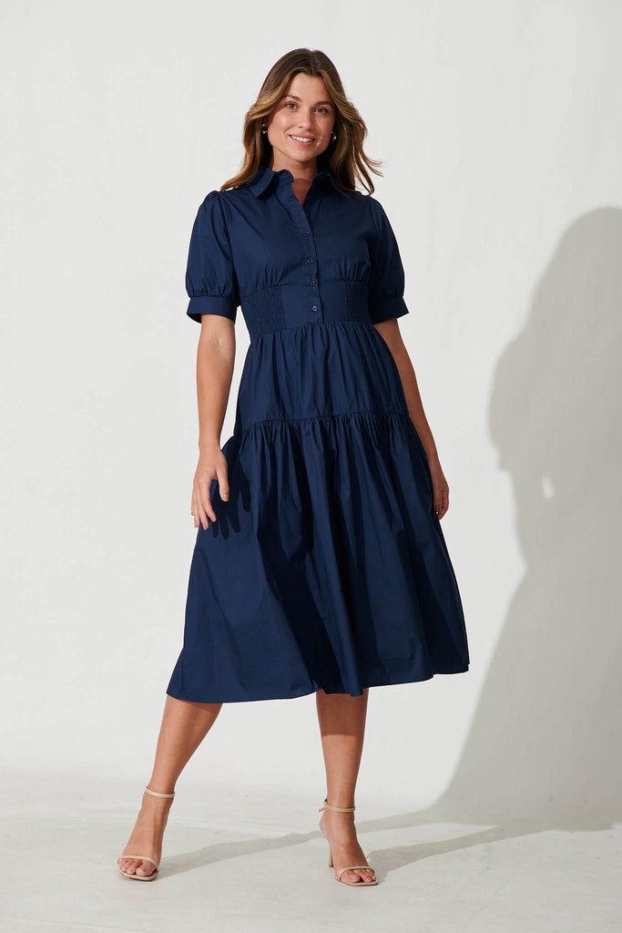 Fairfax Midi Shirt Dress In Navy Cotton - full length