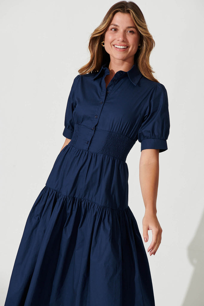 Fairfax Midi Shirt Dress In Navy Cotton - front