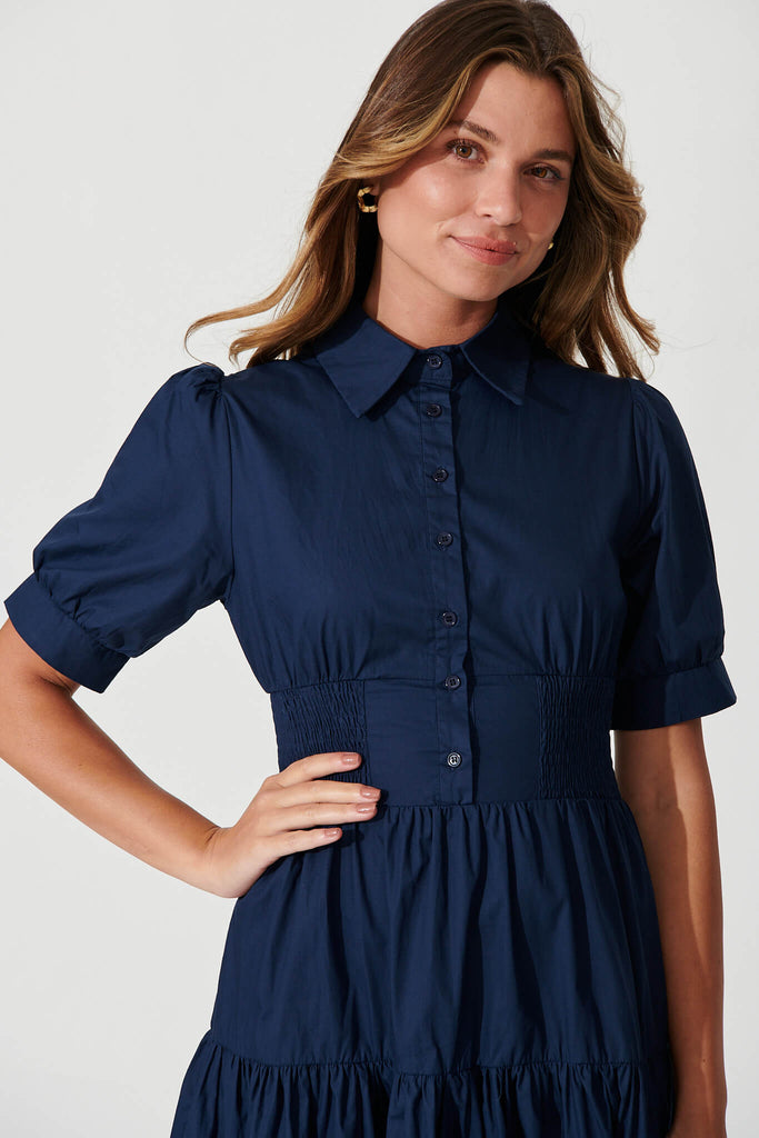 Fairfax Midi Shirt Dress In Navy Cotton - detail