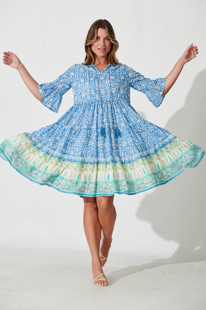 Orenda Smock Dress In Blue Geometric With Border Print - full length