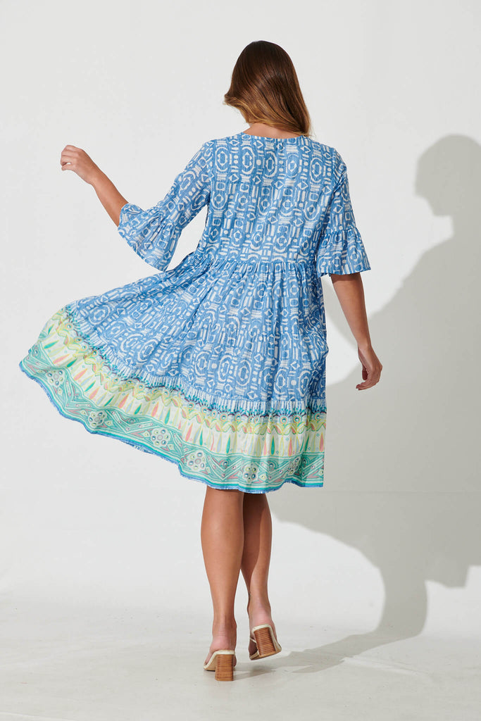 Orenda Smock Dress In Blue Geometric With Border Print - back