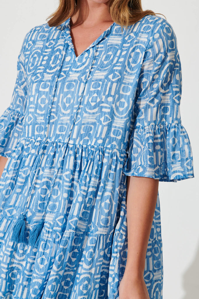 Orenda Smock Dress In Blue Geometric With Border Print - detail