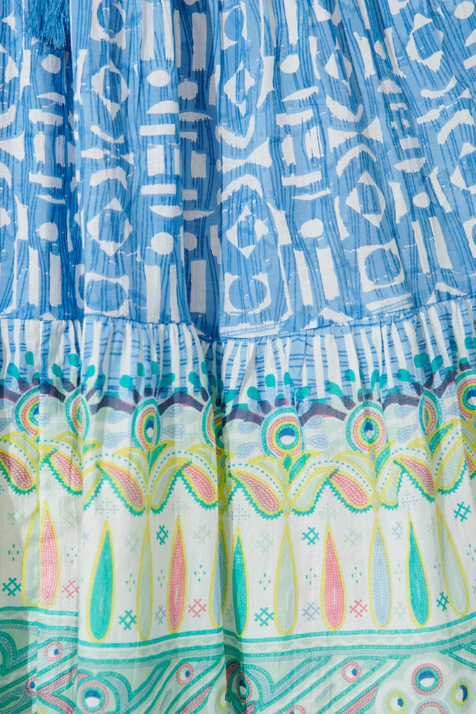 Orenda Smock Dress In Blue Geometric With Border Print - fabric