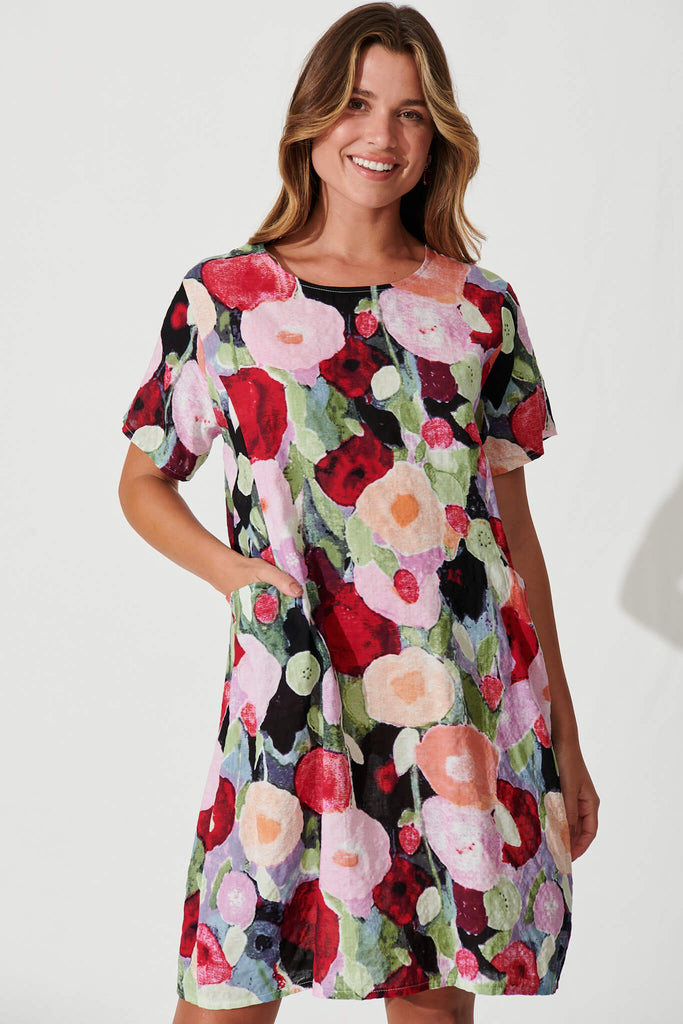 Nectar Smock Dress In Red Multi Floral Cotton Blend - front