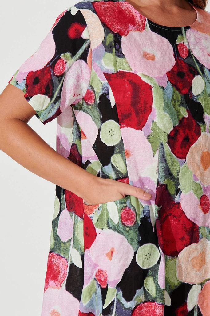 Nectar Smock Dress In Red Multi Floral Cotton Blend - detail