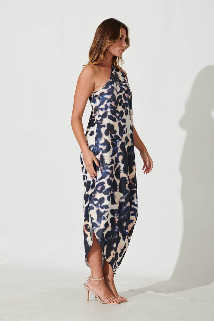 Goddess One Shoulder Maxi Dress In Navy And White Print - right side