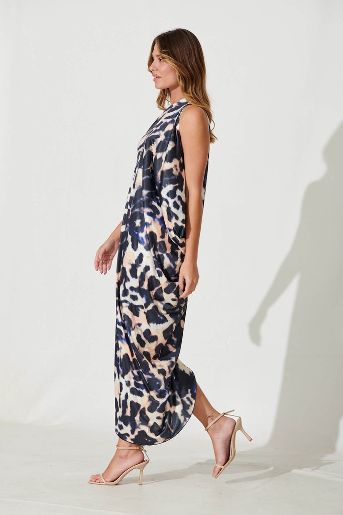 Goddess One Shoulder Maxi Dress In Navy And White Print - left side