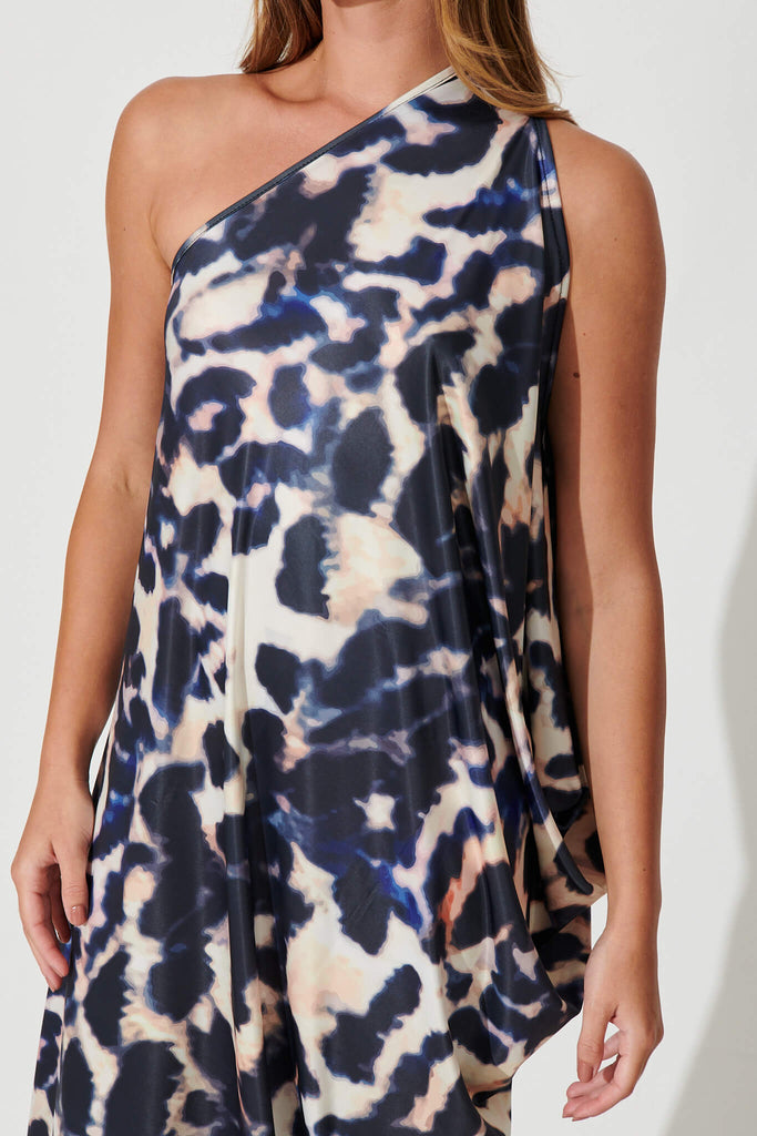 Goddess One Shoulder Maxi Dress In Navy And White Print - fabric