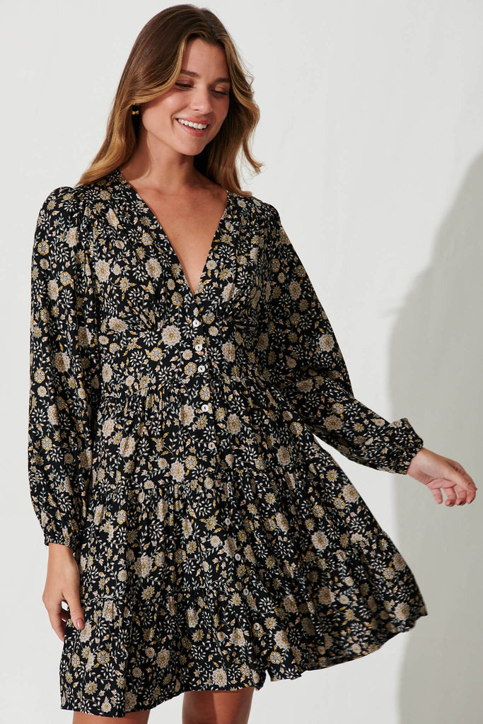 Abriella Dress In Black With Cream Floral - front