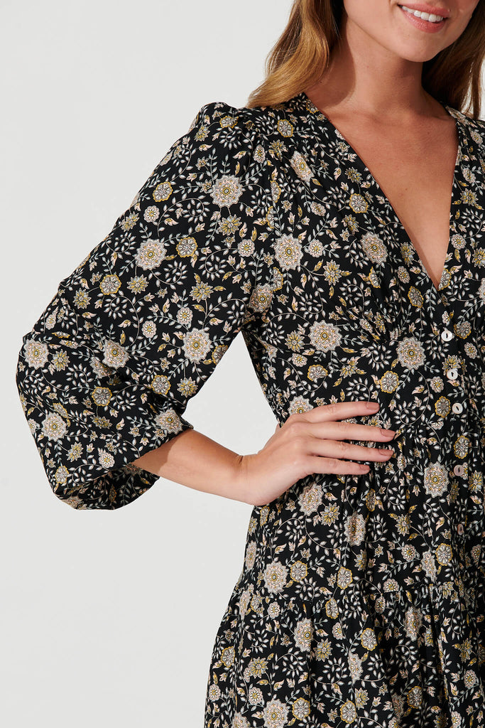 Abriella Dress In Black With Cream Floral - detail
