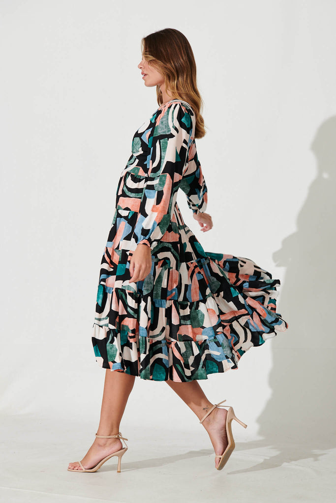 Modical Midi Dress In Black With Multi Swirl Print – St Frock