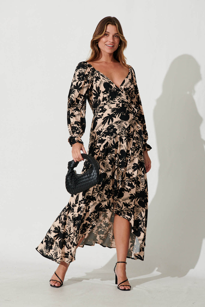 Panama Midi Wrap Dress In Beige With Black Leaf Print - full length