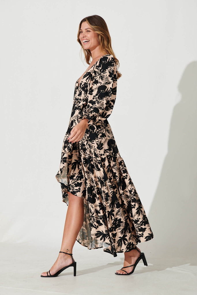 Panama Midi Wrap Dress In Beige With Black Leaf Print - side