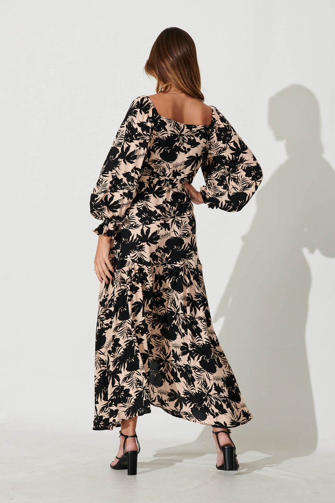 Panama Midi Wrap Dress In Beige With Black Leaf Print - back