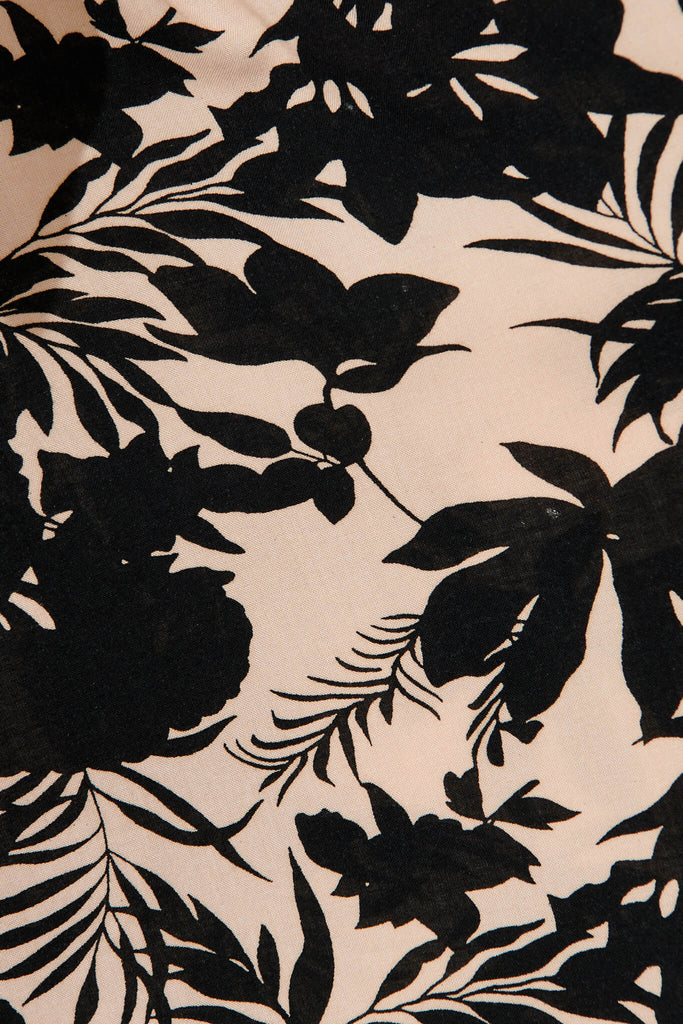 Panama Midi Wrap Dress In Beige With Black Leaf Print - fabric
