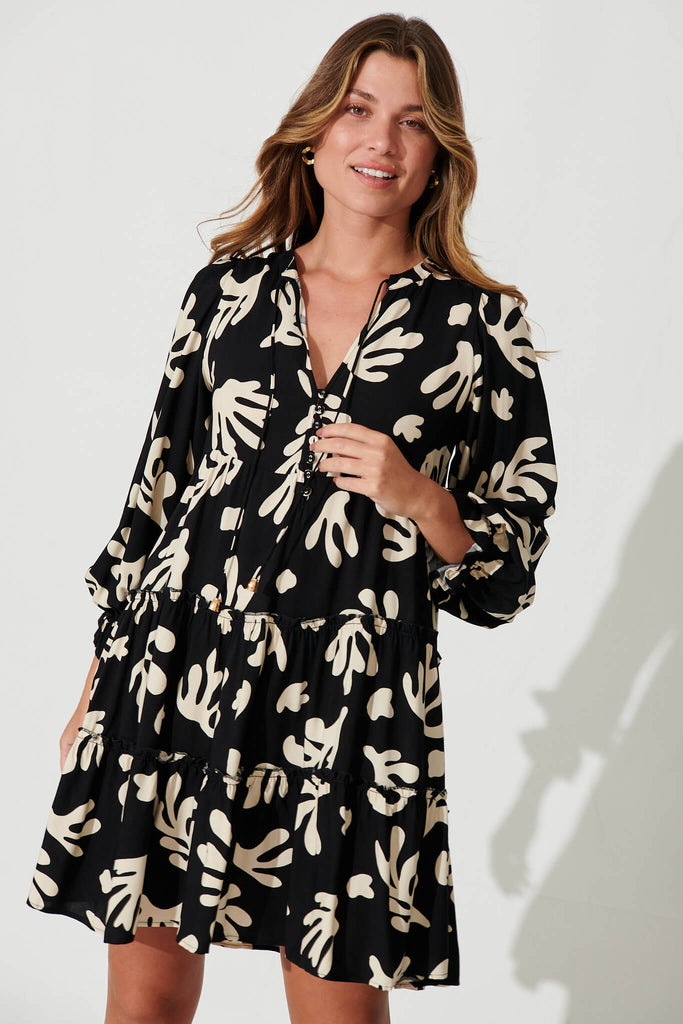 Gene Smock Dress In Black With Cream Print - front