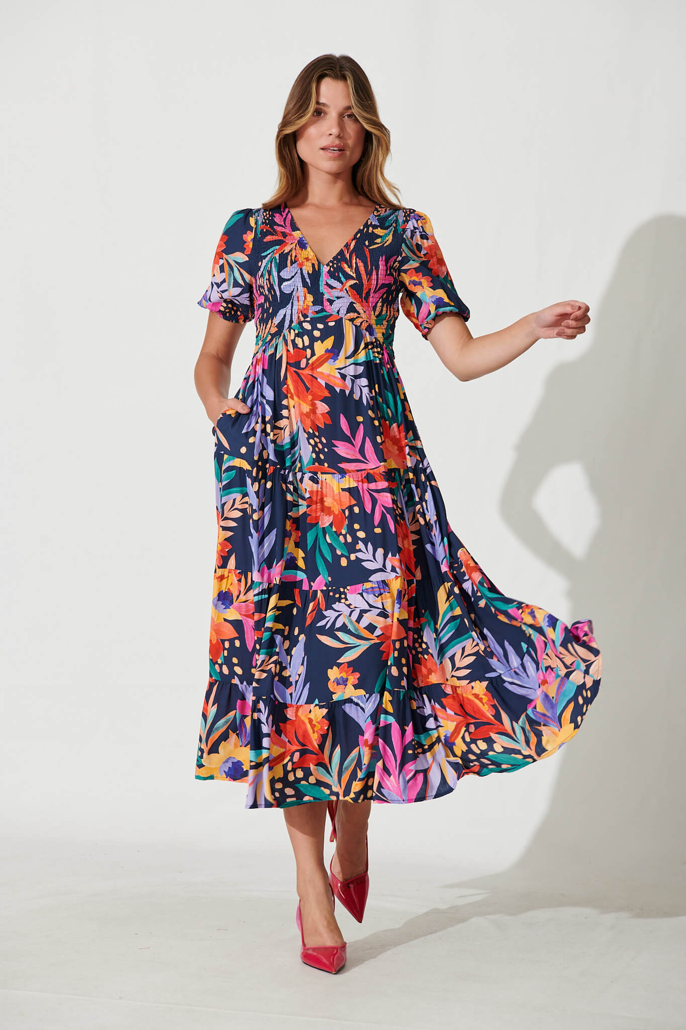 Kami Maxi Dress In Navy With Bright Leaf Print - full length