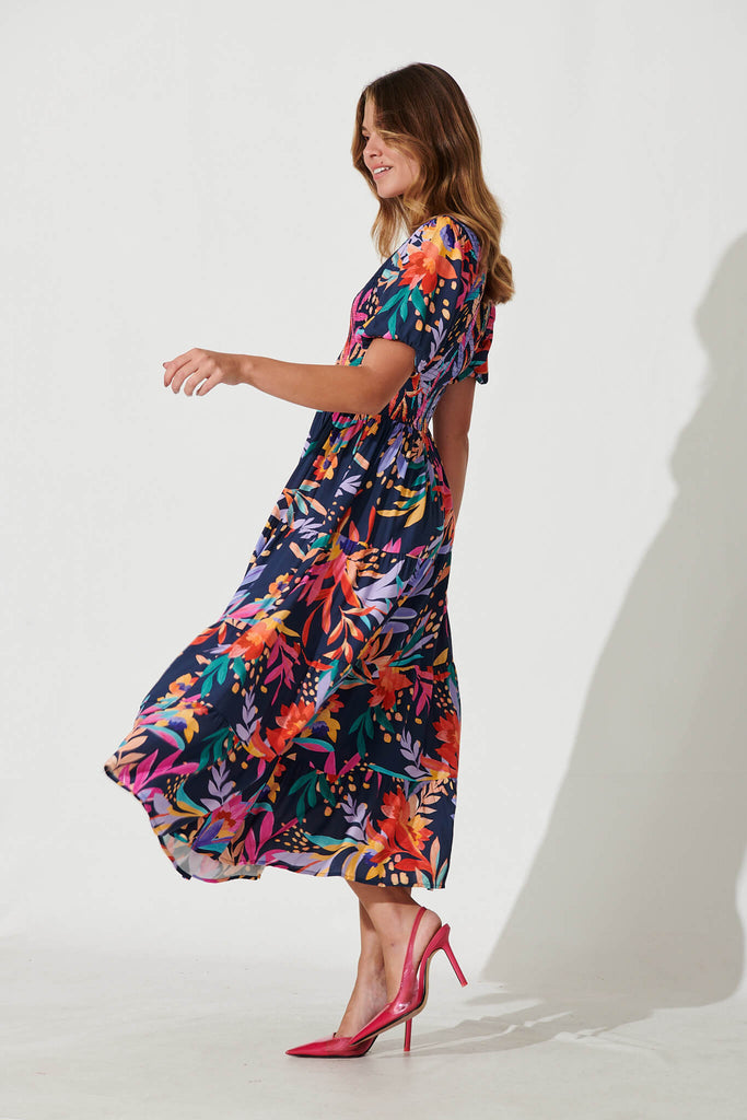 Kami Maxi Dress In Navy With Bright Leaf Print - side