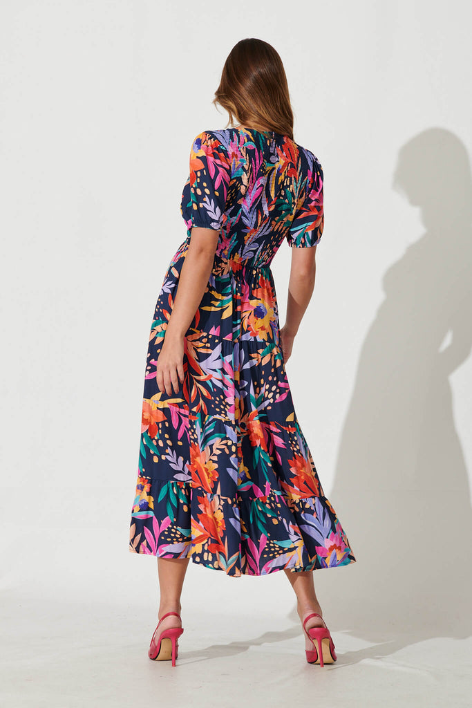 Kami Maxi Dress In Navy With Bright Leaf Print - back