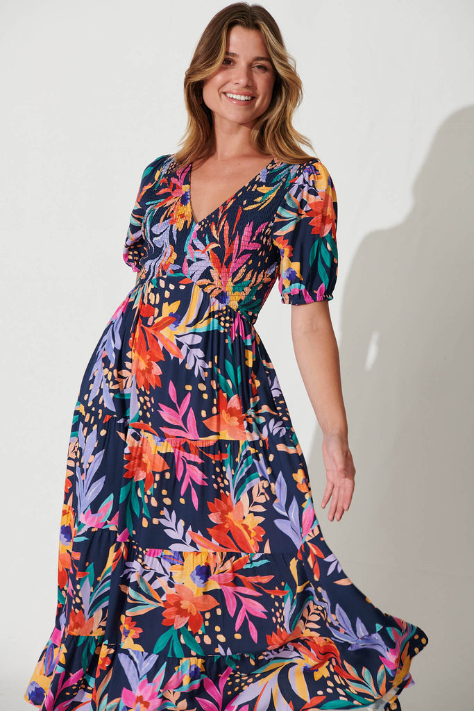 Kami Maxi Dress In Navy With Bright Leaf Print - front