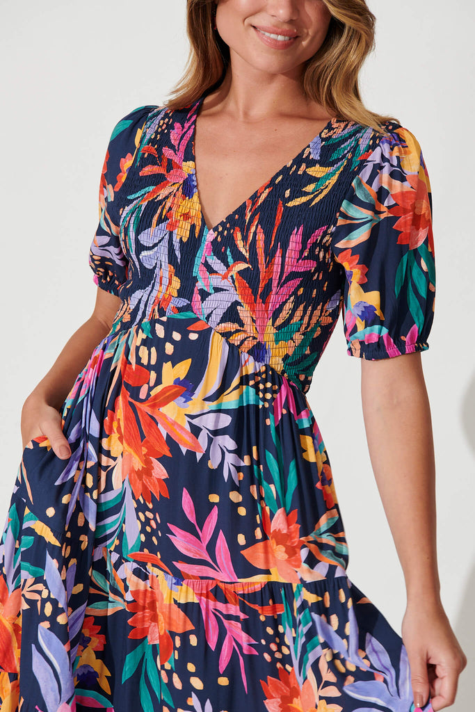 Kami Maxi Dress In Navy With Bright Leaf Print - detail