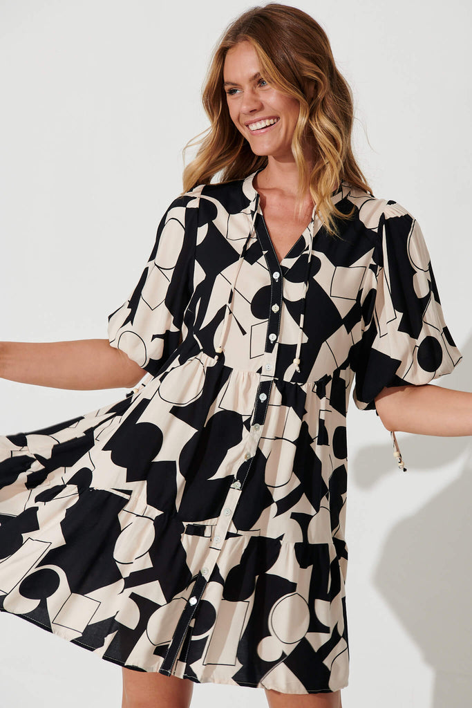 Emelyn Smock Dress In Cream With Black Geometric Print