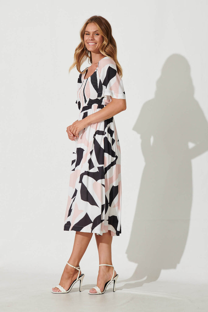 Ciao Midi Dress In Blush With Cream Geometric Linen Blend - side