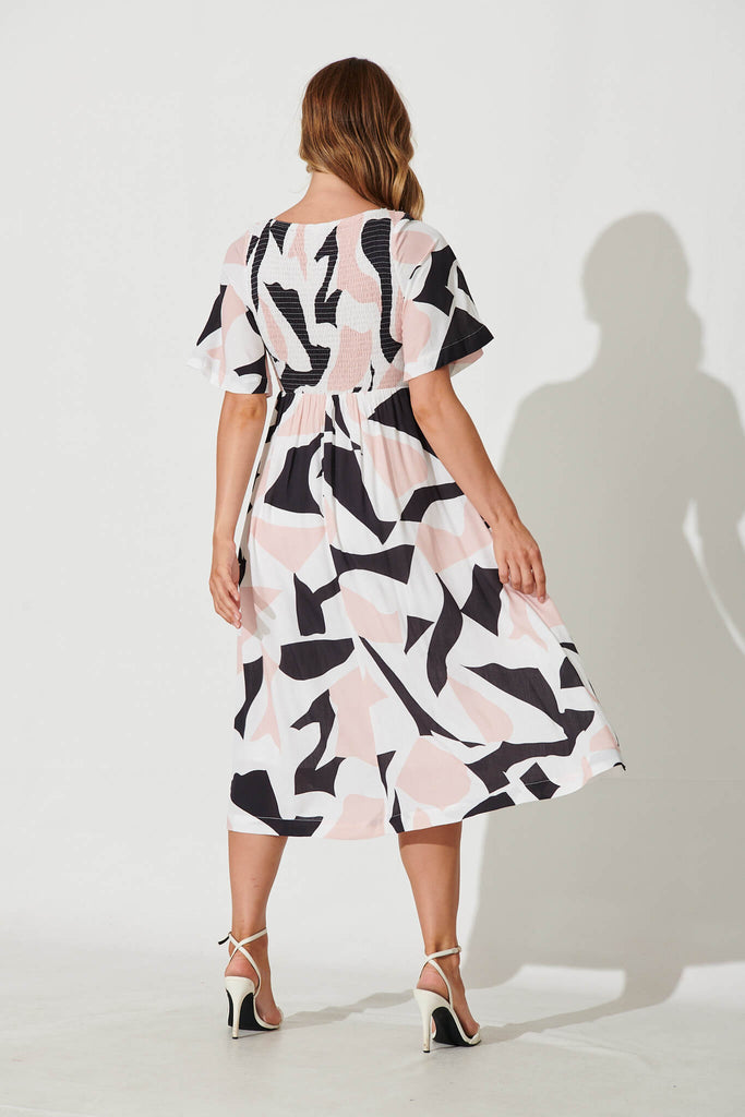 Ciao Midi Dress In Blush With Cream Geometric Linen Blend - back