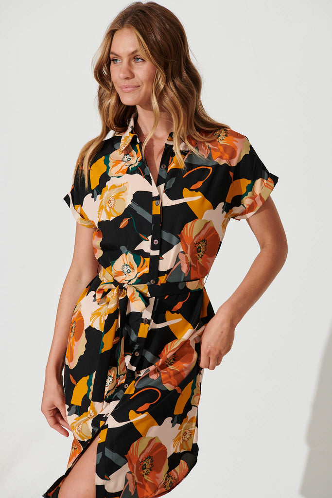 Maddison Shirt Dress In Black With Rust Multi Floral - front
