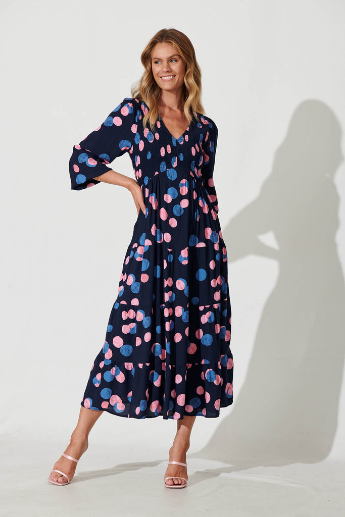 Kamikaze Midi Dress In Navy With Pink And Blue Spot