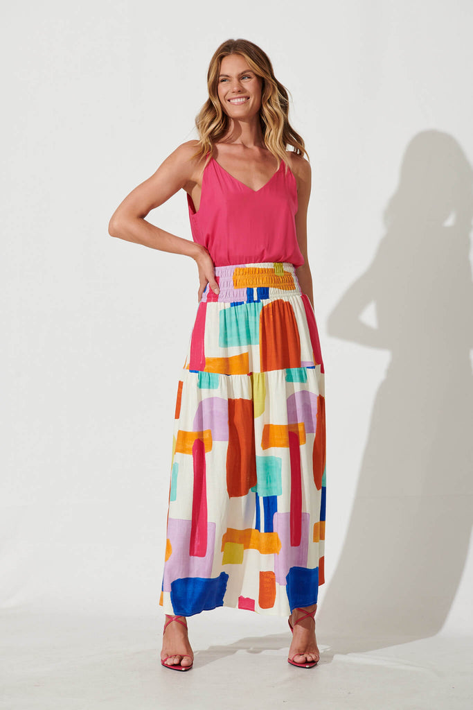 Bloom Maxi Skirt In Bright Multi Linen Blend - full length