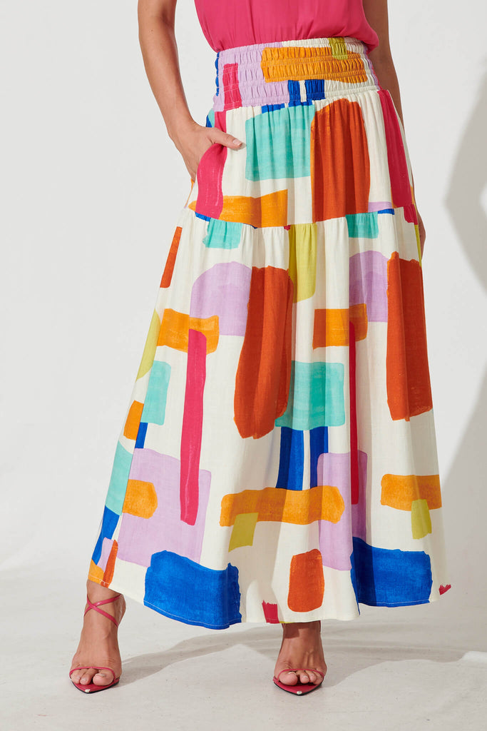 Bloom Maxi Skirt In Bright Multi Linen Blend - front